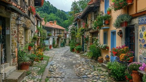 A quaint European village, narrow streets lined with charming old buildings and flower boxes
