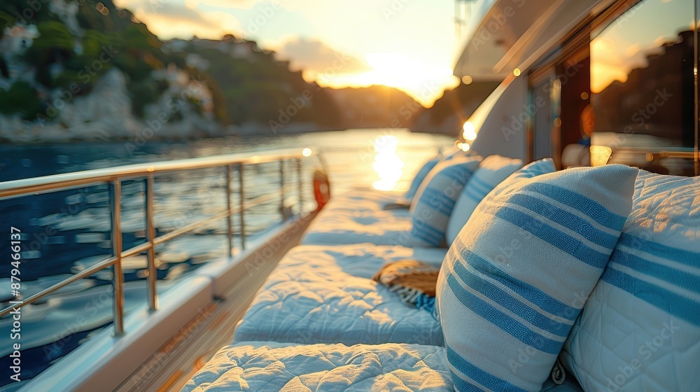 Fototapeta premium A stunning view of a luxurious yacht deck adorned with cozy striped pillows at sunset, offering a sense of relaxation, comfort, and breathtaking natural beauty.