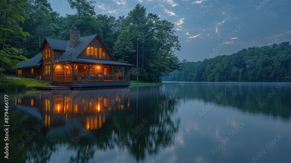 Fototapeta premium Tranquil Lakeside Cabin Retreat at Dusk with Glowing Lights and Still Water Reflection, Captured with Nikon D3400 - Peaceful Calm Mood Photography