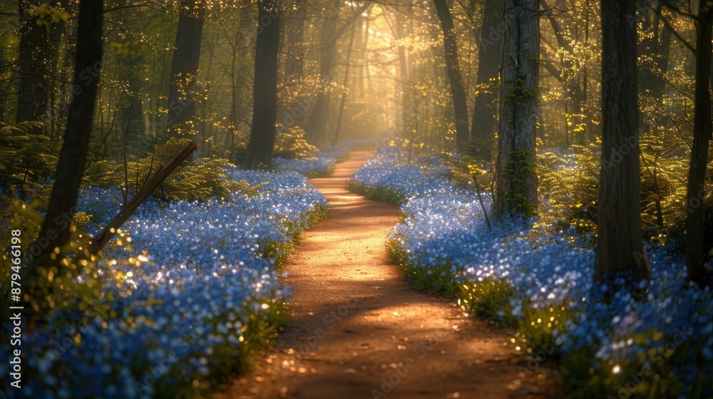 Fototapeta premium Serene Spring Forest Path with Wildflowers - Rejuvenating Nature Photography
