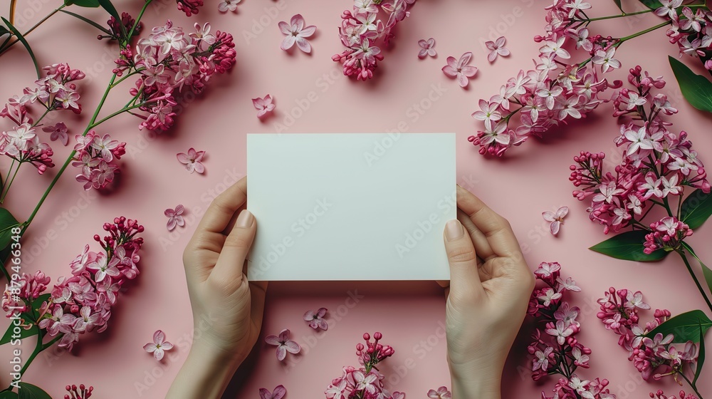 hand of woman holding blank paper card over feminine desk,wedding accessories,spring lilac flowers wedding concept invitation card mock up flat lay top view,stock photo hand of woman holding blank paper card over feminine desk,wedding accessories,spring lilac flowers wedding concept invitation card mock up flat lay top view,stock photo