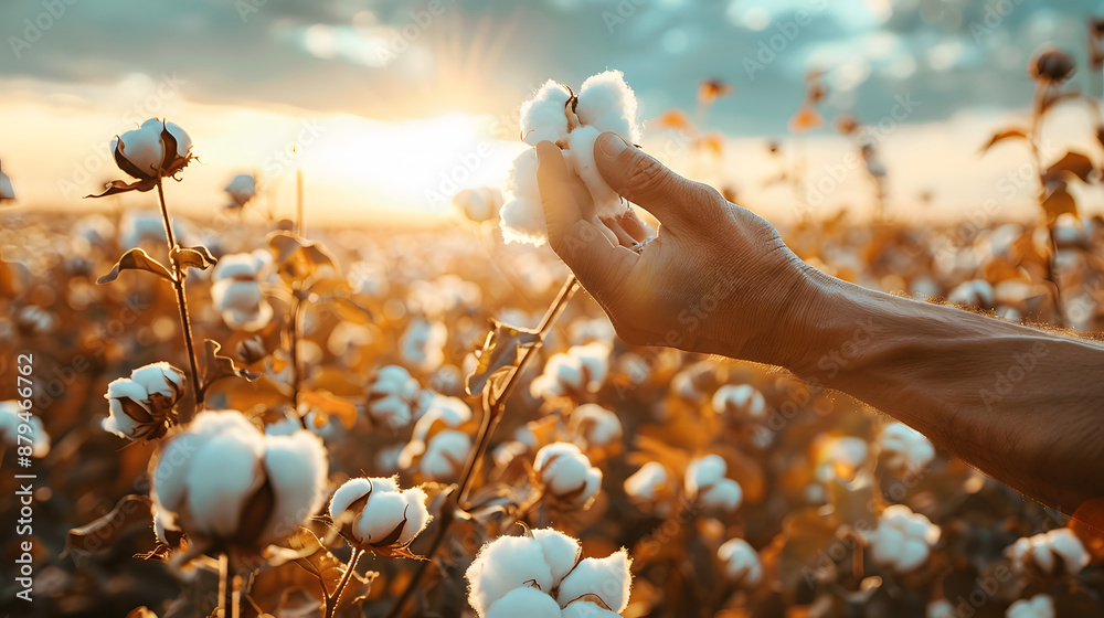 Close-up of a hand gently picking cotton in a field during sunrise, highlighting the beauty of nature and agriculture.