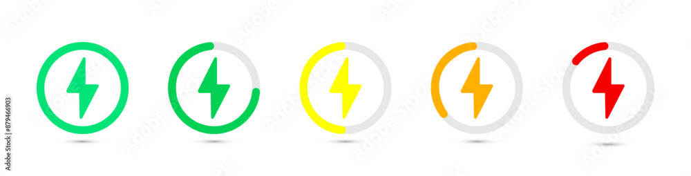 Set of round colored battery charging icons. The battery charge symbol is indicated in a circle. Battery charge level from green to red. Set of round colored battery charging icons. The battery charge symbol is indicated in a circle. Battery charge level from green to red.