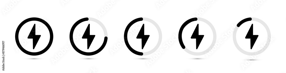 Set of round battery charging icons. The battery charge symbol is indicated in a circle. Battery charge level. Set of round battery charging icons. The battery charge symbol is indicated in a circle. Battery charge level.