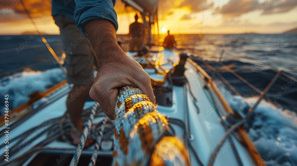 Close-up of sailors pulling a rope on a boat during golden hour, capturing the intensity of their work and the beauty of the setting sun over the ocean waves. Close-up of sailors pulling a rope on a boat during golden hour, capturing the intensity of their work and the beauty of the setting sun over the ocean waves.