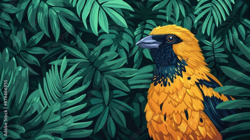Fototapeta premium Brightly-colored bird with vivid yellow feathers perched amidst lush green foliage in a dense jungle setting.