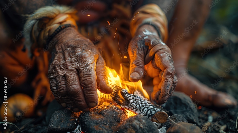 A close-up view of experienced hands skillfully crafting a small fire using traditional methods with natural materials outdoors, signifying survival and ancient skills. A close-up view of experienced hands skillfully crafting a small fire using traditional methods with natural materials outdoors, signifying survival and ancient skills.