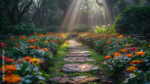 Tranquil Garden Oasis with Blooming Flowers and Stone Pathway in Sunlight - Photography with Canon EOS M200 photo