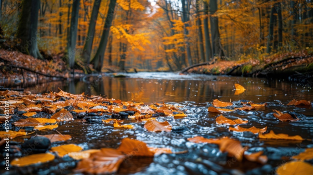 Fototapeta premium Tranquil Autumn River Scene with Colorful Leaves Floating - Serene Forest Landscape Photography