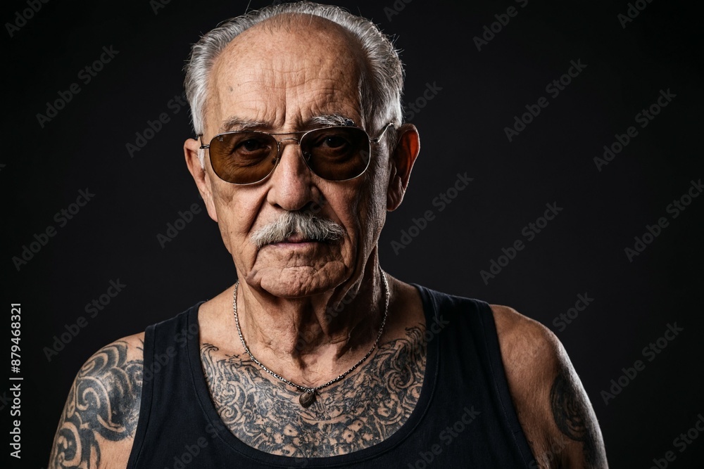 Porträt eines älteren tätowierten Mannes mit Sonnenbrille vor dunklem Hintergrund. Porträt eines älteren tätowierten Mannes mit Sonnenbrille vor dunklem Hintergrund.
