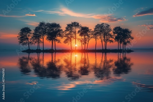 Serene sunset over lake with trees reflecting in water