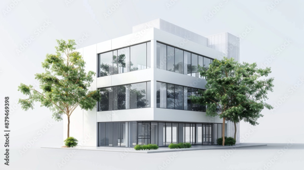 Business center building 3d render illustration with windows and trees simple icon white colours Business center building 3d render illustration with windows and trees simple icon white colours