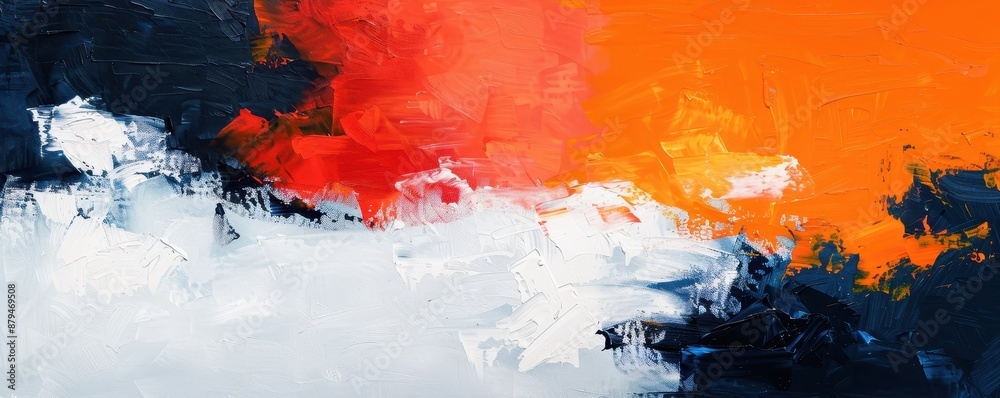 Vibrant abstract painting with bold colors. Dynamic mix of orange, red, white, and blue shades creating an energetic and visually striking piece. Vibrant abstract painting with bold colors. Dynamic mix of orange, red, white, and blue shades creating an energetic and visually striking piece.