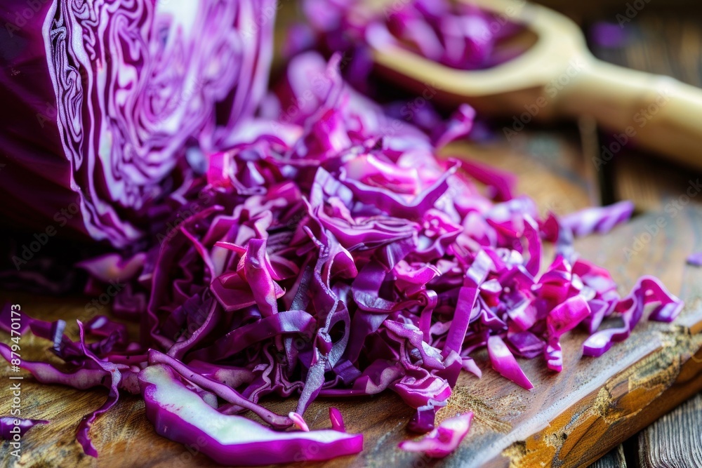 Fresh red cabbage is being chopped on a rustic wooden cutting board Fresh red cabbage is being chopped on a rustic wooden cutting board