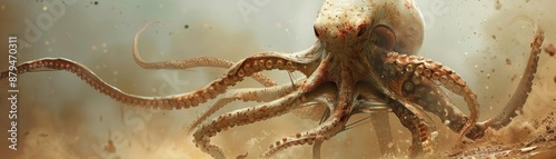 A lone figure stands before a terrifying, monstrous creature with multiple tentacles. photo