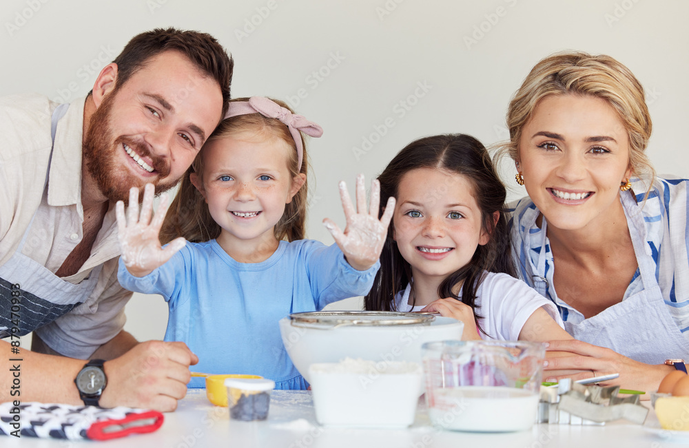 Baking, happy family and kid with flour on hands for portrait, learning and help parents in kitchen. Face, mother and dad with children cooking dessert or dough with siblings together in messy home Baking, happy family and kid with flour on hands for portrait, learning and help parents in kitchen. Face, mother and dad with children cooking dessert or dough with siblings together in messy home