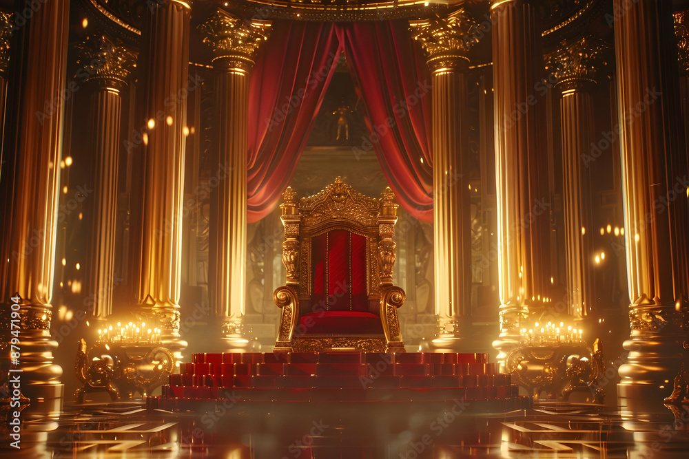 Obraz premium Luxurious golden throne room with intricate pillars and red drapes, illuminated by warm lighting. A perfect scene of opulence and royalty.