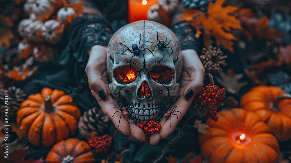 halloween flat lay composition,skull spiders pumpkins ghosts skeleton hands on orange background,image halloween flat lay composition,skull spiders pumpkins ghosts skeleton hands on orange background,image