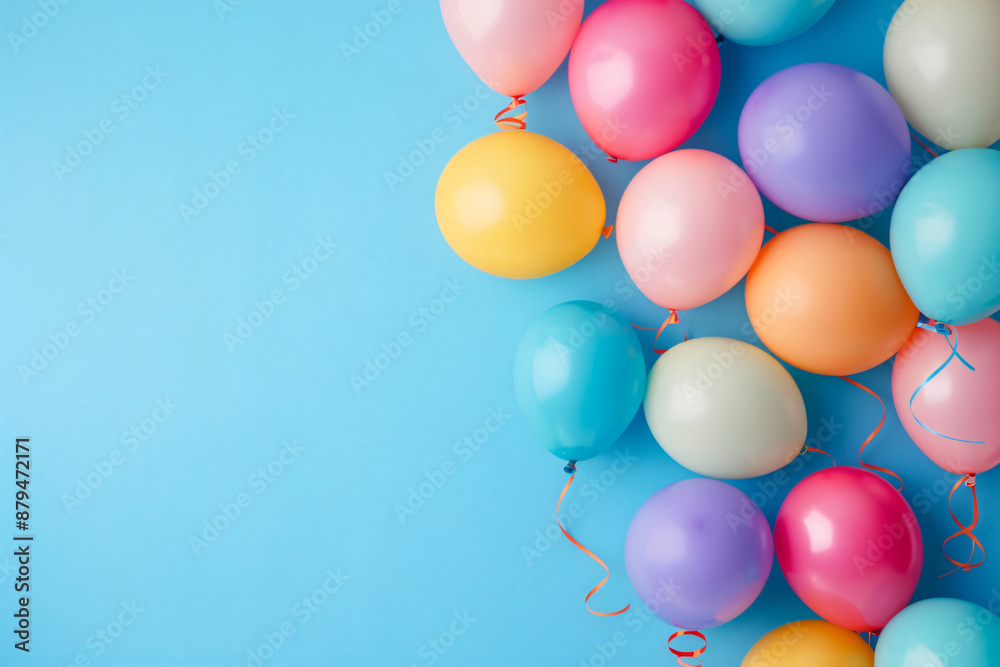 Colorful balloons on blue background with copy space for text, birthday party decoration concept Colorful balloons on blue background with copy space for text, birthday party decoration concept