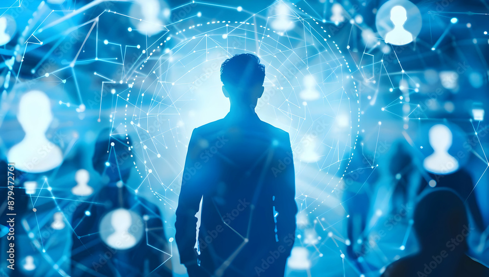 Silhouette of a person standing amidst a network of digital connections, representing modern technology and global communication. Silhouette of a person standing amidst a network of digital connections, representing modern technology and global communication.