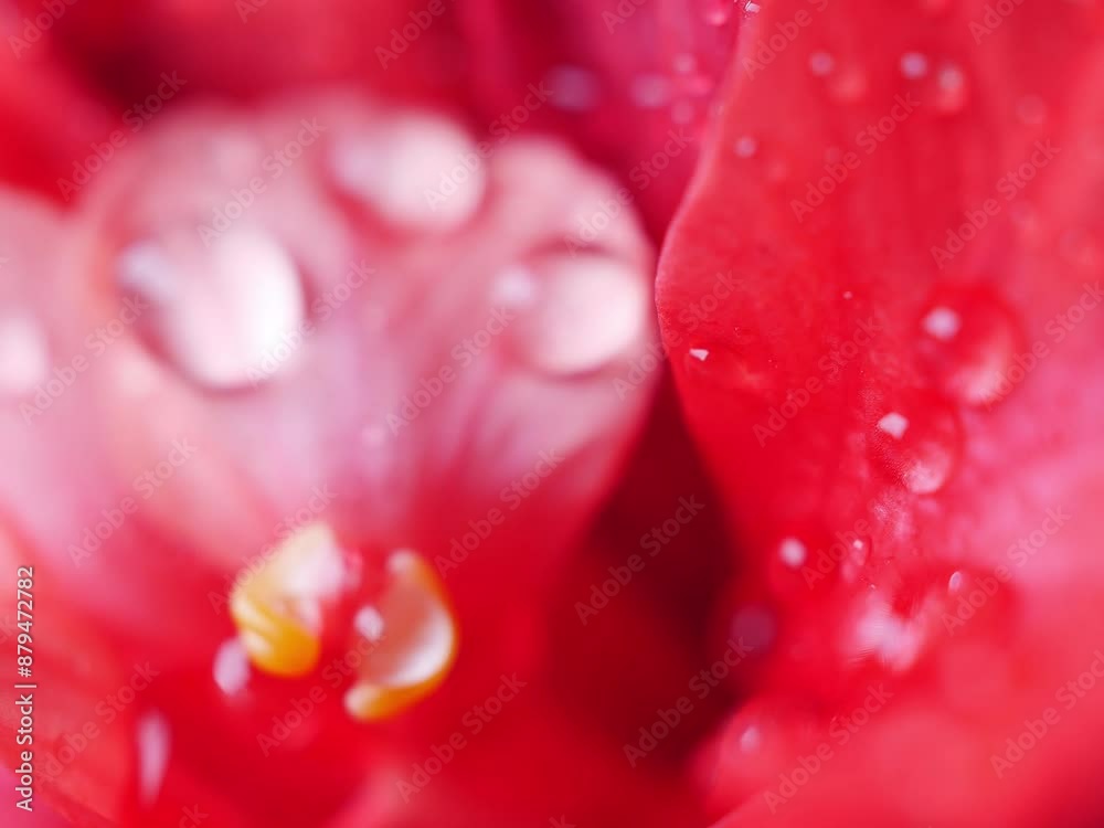 Hibiscus flower pollen closeup macro with water drops on red hibiscus petals flower, yellow hibiscus pollen flower petals photographed with macro lens close up Hibiscus flower pollen closeup macro with water drops on red hibiscus petals flower, yellow hibiscus pollen flower petals photographed with macro lens close up