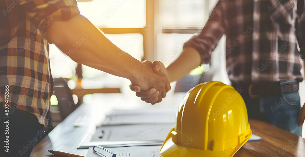 Two people shaking hands at a construction site, symbolizing teamwork and partnership, with a safety helmet on the table in bright light. Two people shaking hands at a construction site, symbolizing teamwork and partnership, with a safety helmet on the table in bright light.