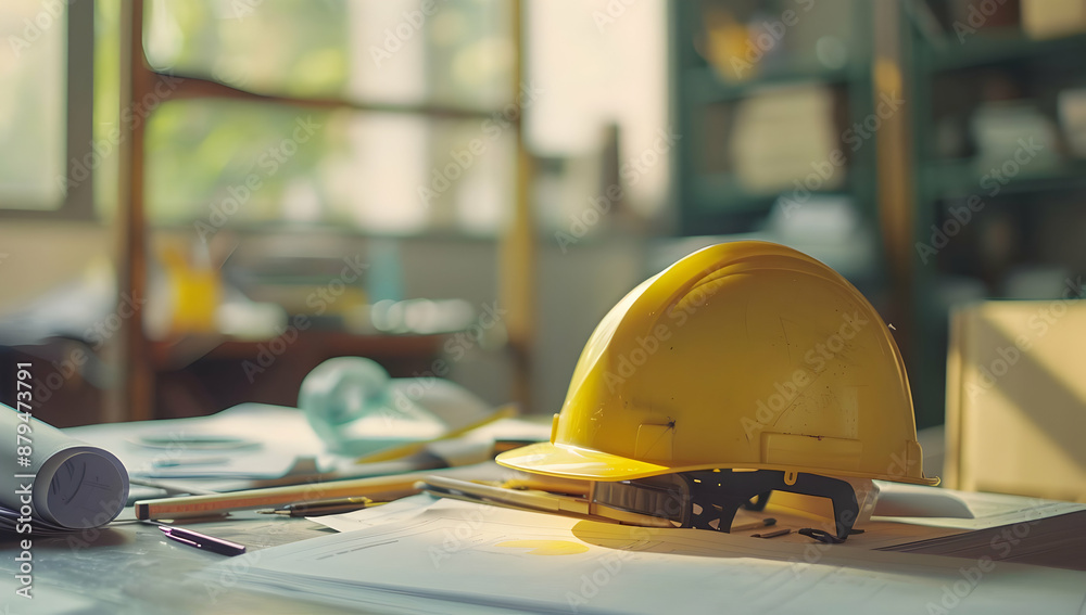 Yellow hardhat on a construction desk with blueprints and tools in a well-lit office environment, symbolizing construction and engineering work.
