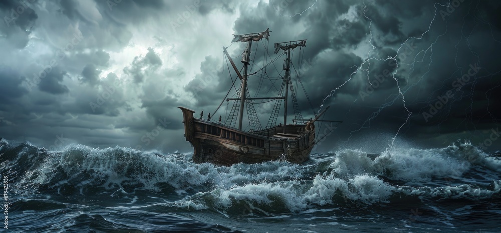wooden ship during a strong storm in the ocean. Noah's Ark sea wooden ship during a strong storm in the ocean. Noah's Ark sea