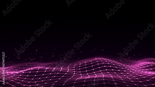 Dark cyberspace in digital background. Abstract technology wave with motion glowing dots and lines. Connection big data. Futuristic wireframe texture. Analysis a network connection. 3D rendering.