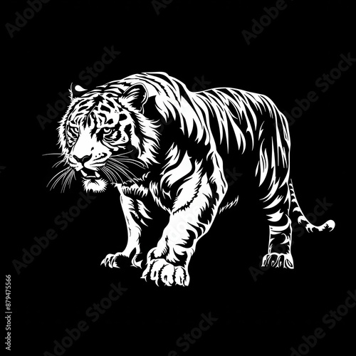 A white logo outline of a fierce Bengal tiger mid-pounce on a black background. photo