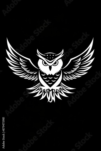 A white logo outline of a stylish Snowy owl soaring against a dark backdrop.