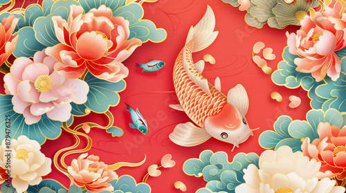 Fototapeta Naklejka Na Ścianę i Meble -  Chinese painting Koi peony traditional Chinese tide flower embroidery illustration pattern background
