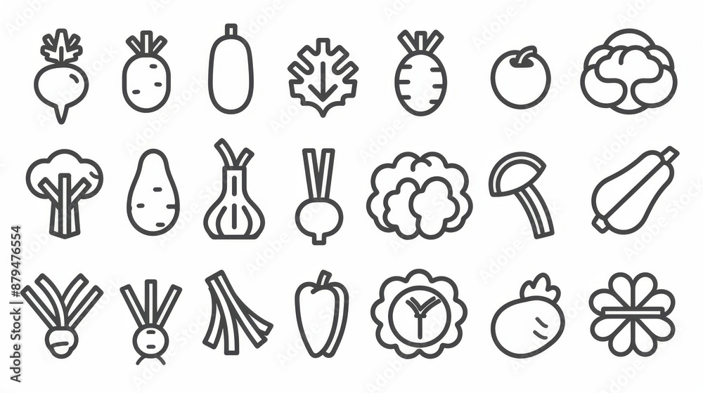 Set of vegetable icons isolated as vector illustrations, featuring a collection of products in line art style. Includes symbols of corn, broccoli, fresh carrot, and onion, representing vegetarian food Set of vegetable icons isolated as vector illustrations, featuring a collection of products in line art style. Includes symbols of corn, broccoli, fresh carrot, and onion, representing vegetarian food