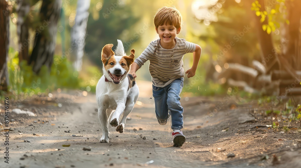 Happy kid running and playing with his dog outdoors. Friendship of children with pet, happy childhood, summer vacation. Happy kid running and playing with his dog outdoors. Friendship of children with pet, happy childhood, summer vacation.