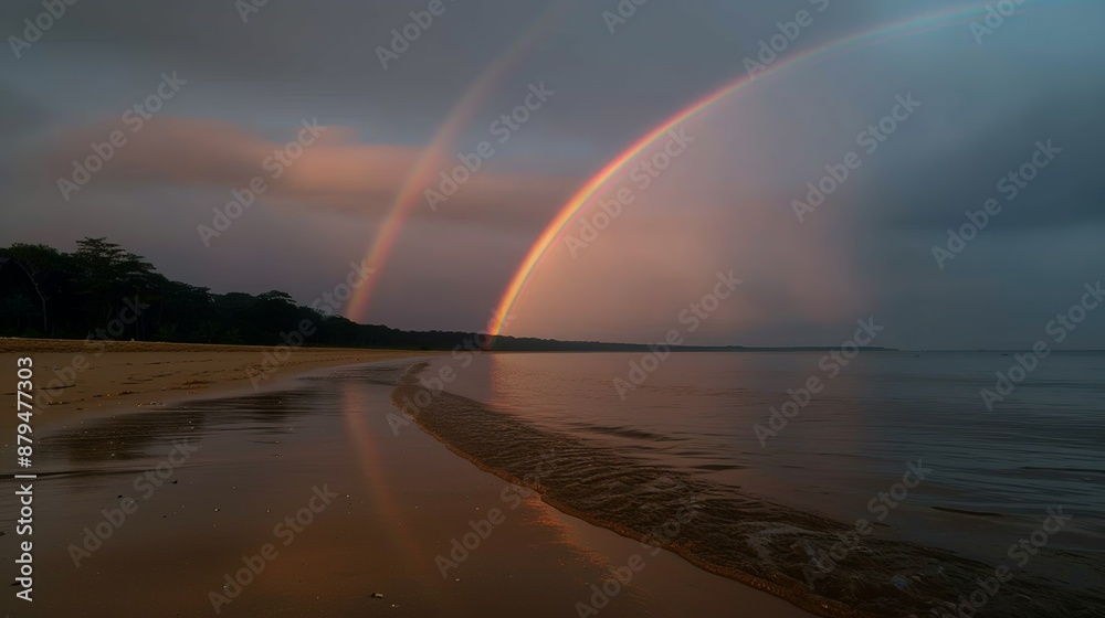 Vibrant sunset over a tropical beach with a rainbow arching across the sky capturing the beauty of a serene evening on the coast Illustration, Image, , Minimalism, Vibrant sunset over a tropical beach with a rainbow arching across the sky capturing the beauty of a serene evening on the coast Illustration, Image, , Minimalism,