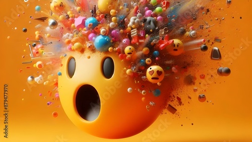  3d render abstract design of happy exploding head emoji In orange background photo