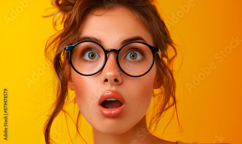 A young woman with curly brown hair wears round glasses and stares in surprise with her mouth open wide