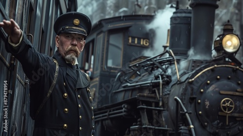 A train conductor in historical attire signals beside a steam train, highlighting the classic era of rail travel, the conductor's role, and the majestic train.