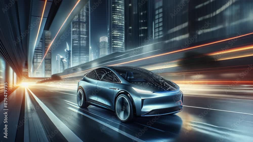 Futuristic electric car driving through a city at night, with blurred lights and skyscrapers in the background. Futuristic electric car driving through a city at night, with blurred lights and skyscrapers in the background.