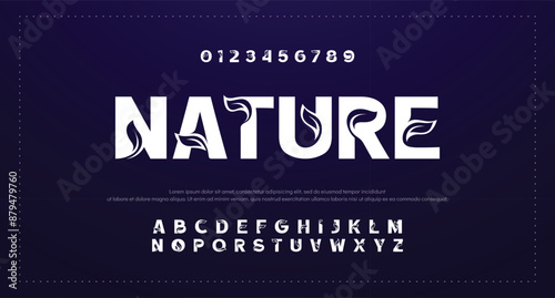 Modern nature leaf earth green tree abstract digital alphabet font. minimal technology typography, creative urban sport fashion futuristic font and with numbers. vector illustration
