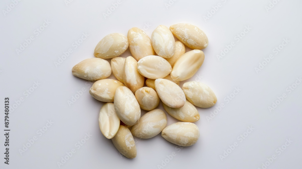 White blanched almond nuts on white background. Ideal for healthy eating, snacks, and nutrition concepts. White blanched almond nuts on white background. Ideal for healthy eating, snacks, and nutrition concepts.