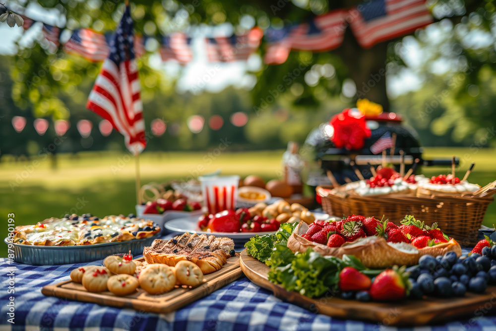 Festive outdoor labor day picnic with American flag and a variety of foods Festive outdoor labor day picnic with American flag and a variety of foods