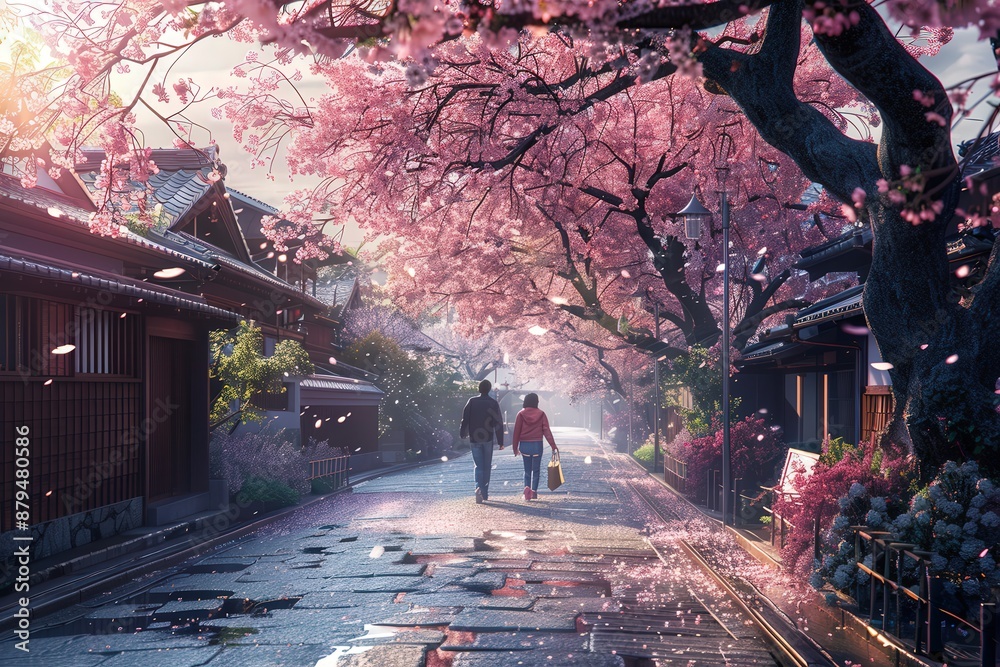 Young couple walking down street with cherry blossoms Young couple walking down street with cherry blossoms