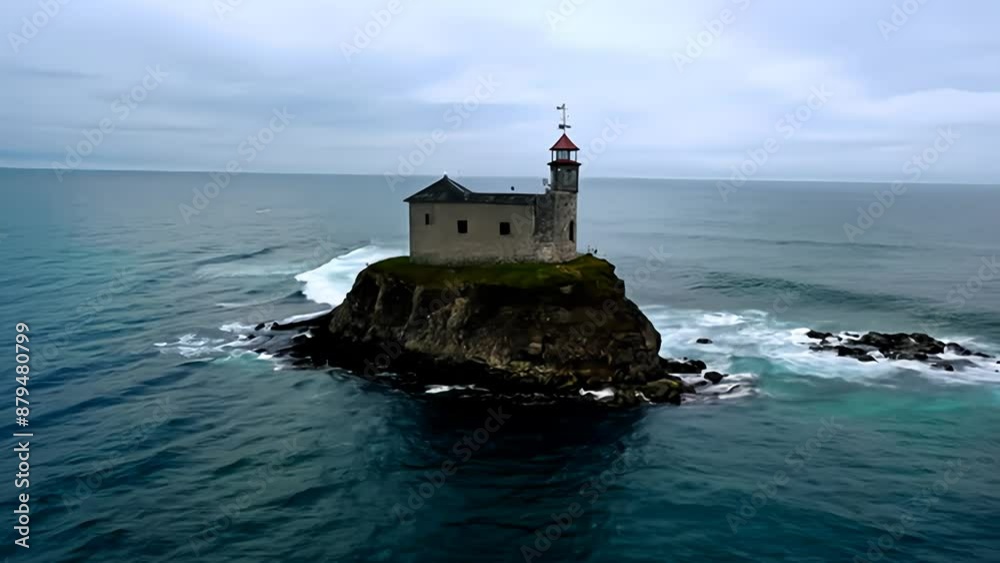 Lighthouse on a Rocky Island in the Ocean on a Cloudy Day Lighthouse on a Rocky Island in the Ocean on a Cloudy Day