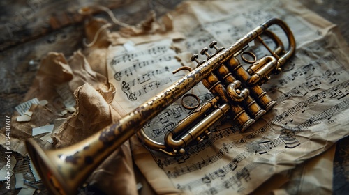 This image portrays a beautifully aged trumpet resting on antique sheet music, all placed on a worn wooden surface, evoking a sense of history and musical heritage.