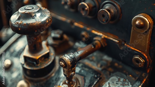 This image showcases a close-up view of vintage control knobs on an old machine's dashboard panel, invoking memories of historical industrial machinery and mechanical ingenuity.