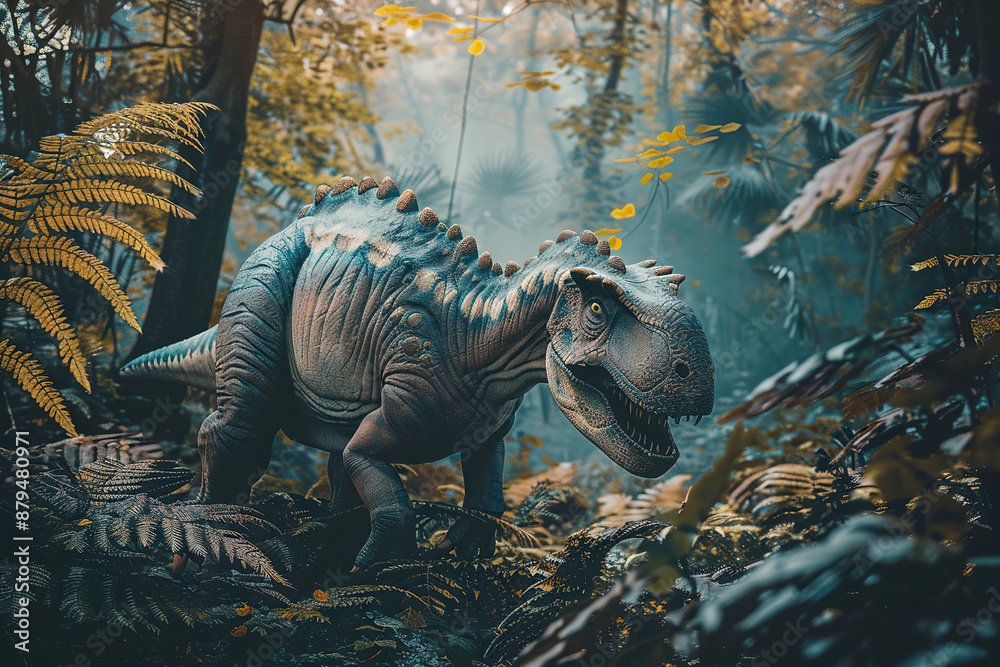 Generative ai on theme of big scary hungry dinosaur with kind eyes and sharp teeth destroying park Generative ai on theme of big scary hungry dinosaur with kind eyes and sharp teeth destroying park