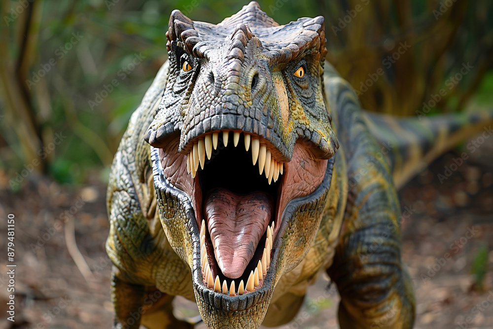 Generative ai on theme of big scary hungry dinosaur with kind eyes and sharp teeth destroying park Generative ai on theme of big scary hungry dinosaur with kind eyes and sharp teeth destroying park