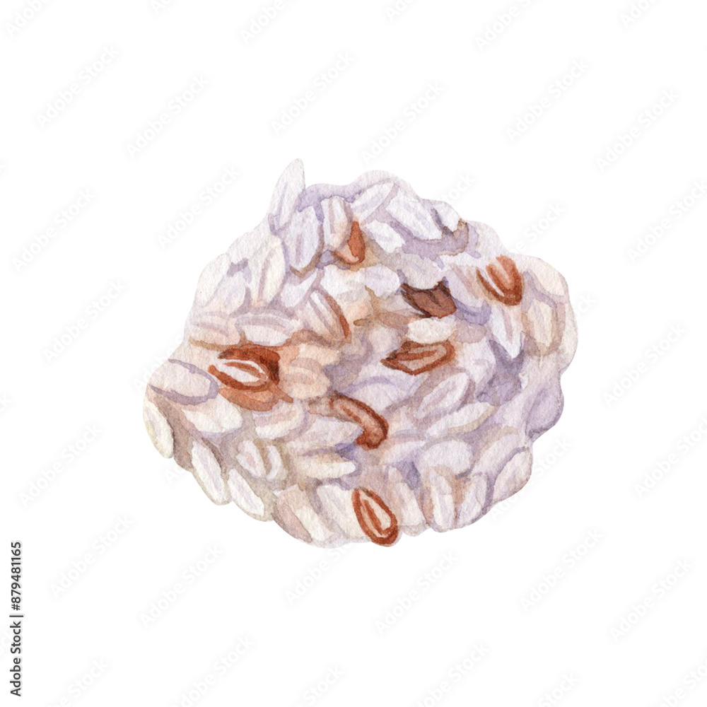 Cooked white rice watercolor illustration. Hand drawn design element isolated from background. Organic brown grains clip art for recipes, cooking or restaurant menus. Asian cuisine staple ingredient