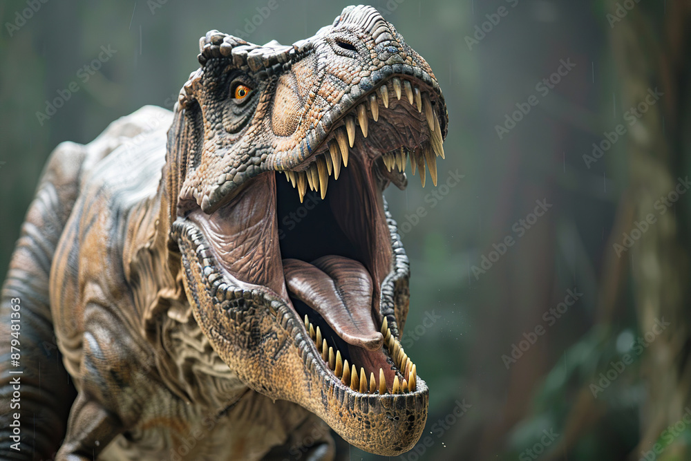 Generative ai on theme of big scary hungry dinosaur with kind eyes and sharp teeth destroying park Generative ai on theme of big scary hungry dinosaur with kind eyes and sharp teeth destroying park